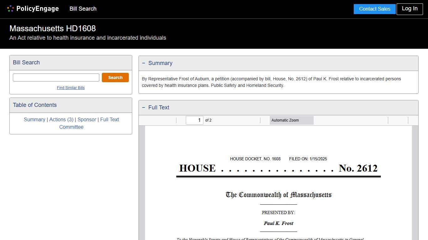 HD1608 | Massachusetts 2025-2026 | An Act relative to health insurance and incarcerated individuals - Legislative Tracking | PolicyEngage